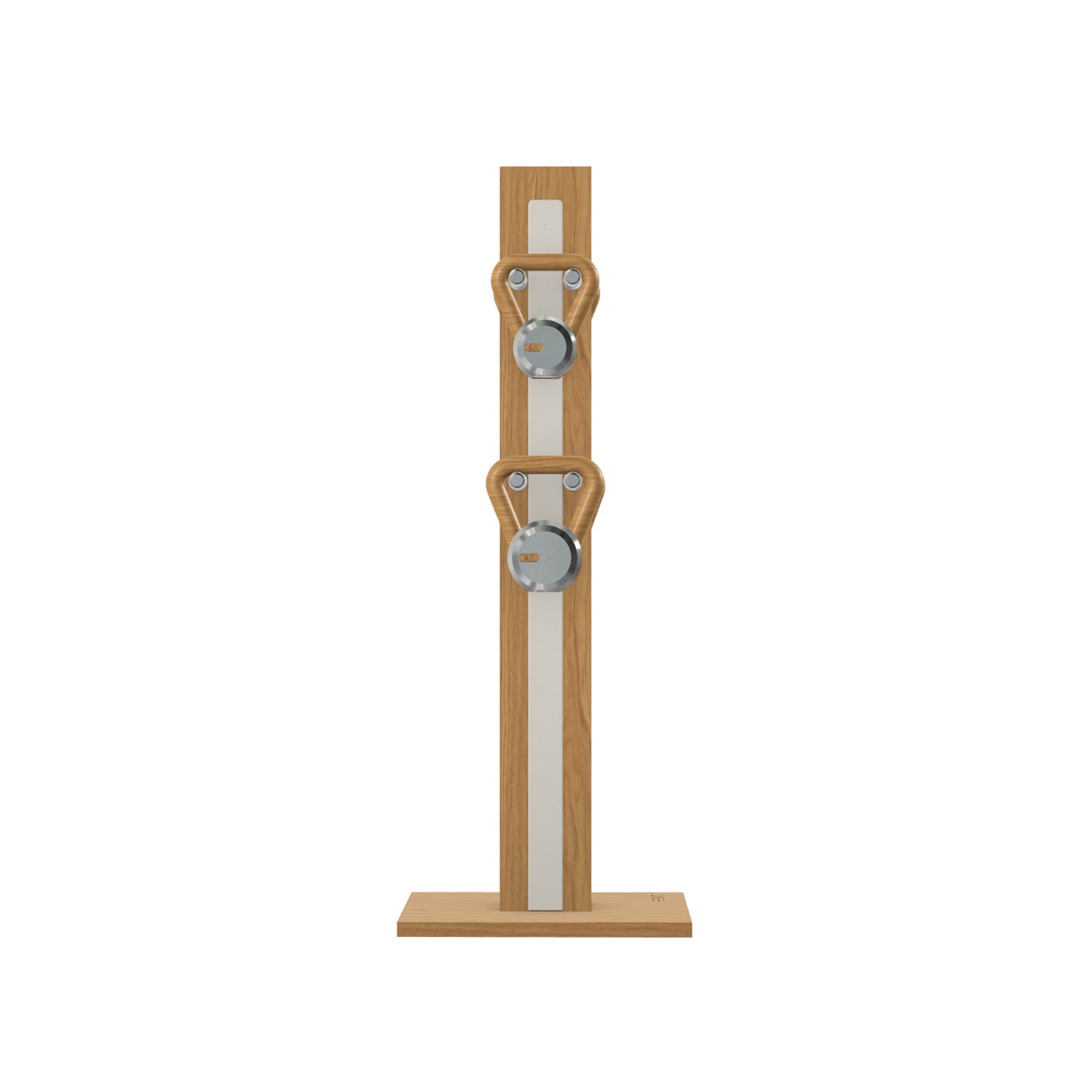 Luxury fitness equipment, 4 luxury kettlebells on vertical wooden stand, handcrafted with stainless steel, premium Italian white leather and oak wood. PENT. LOVA Set
