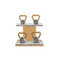 Luxury fitness equipment, luxury kettlebells on horizontal wooden stand, handcrafted with stainless steel, premium Italian white leather and oak wood. PENT. LOVA Set - Kettlebells on a Horizontal Stand