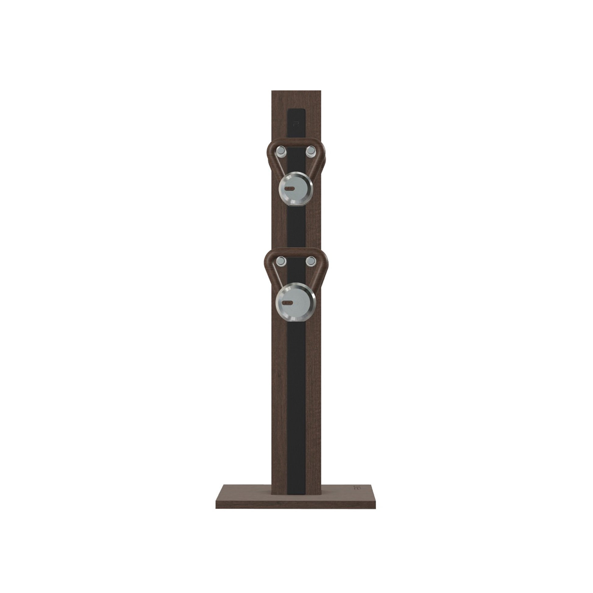 Luxury fitness equipment, 4 luxury kettlebells on vertical wooden stand, handcrafted with stainless steel, premium Italian black leather and dark walnut wood. PENT. LOVA Set