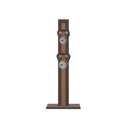 Luxury fitness equipment, 4 luxury kettlebells on vertical wooden stand, handcrafted with stainless steel, premium Italian brown leather and dark walnut wood. PENT. LOVA Set