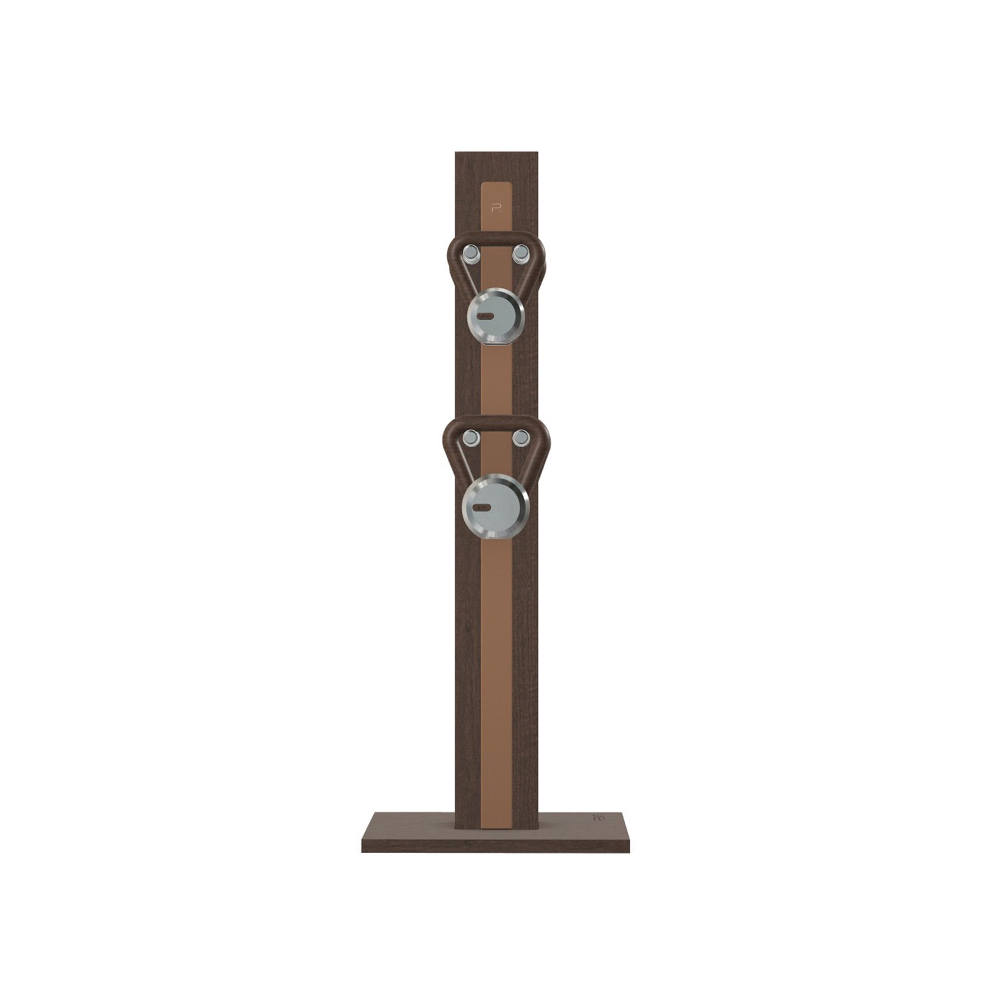 Luxury fitness equipment, 4 luxury kettlebells on vertical wooden stand, handcrafted with stainless steel, premium Italian brown leather and dark walnut wood. PENT. LOVA Set