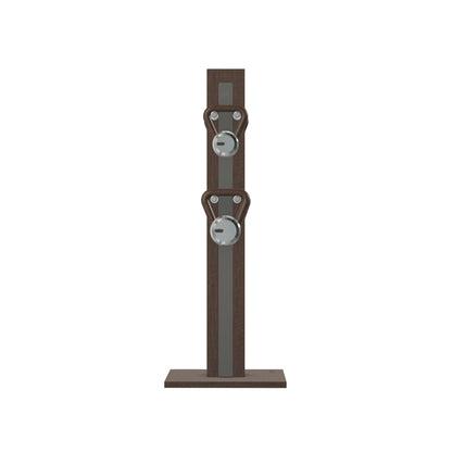 Luxury fitness equipment, 4 luxury kettlebells on vertical wooden stand, handcrafted with stainless steel, premium Italian grey leather and dark walnut wood. PENT. LOVA Set