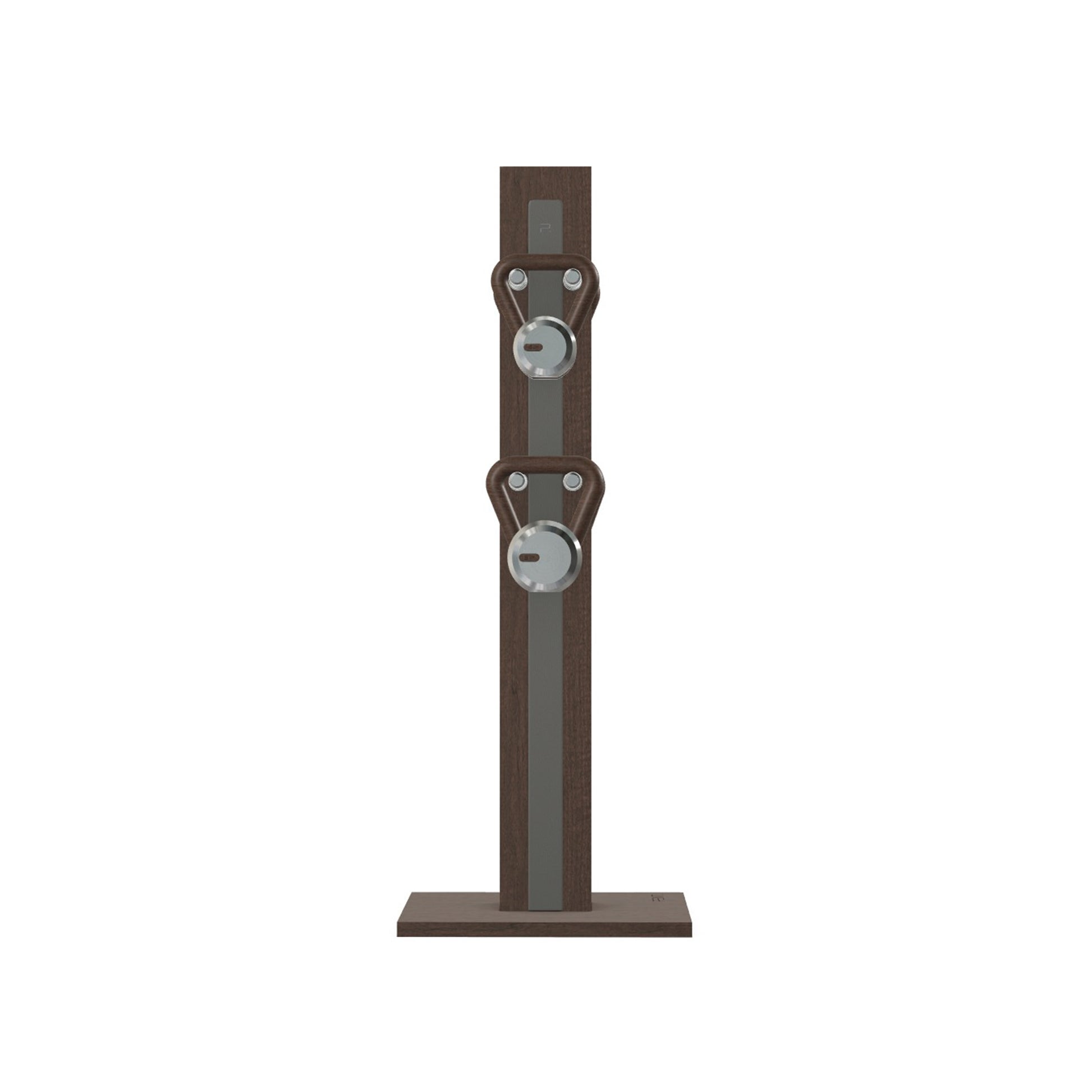 Luxury fitness equipment, 4 luxury kettlebells on vertical wooden stand, handcrafted with stainless steel, premium Italian grey leather and dark walnut wood. PENT. LOVA Set