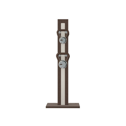 Luxury fitness equipment, 4 luxury kettlebells on vertical wooden stand, handcrafted with stainless steel, premium Italian white leather and dark walnut wood. PENT. LOVA Set