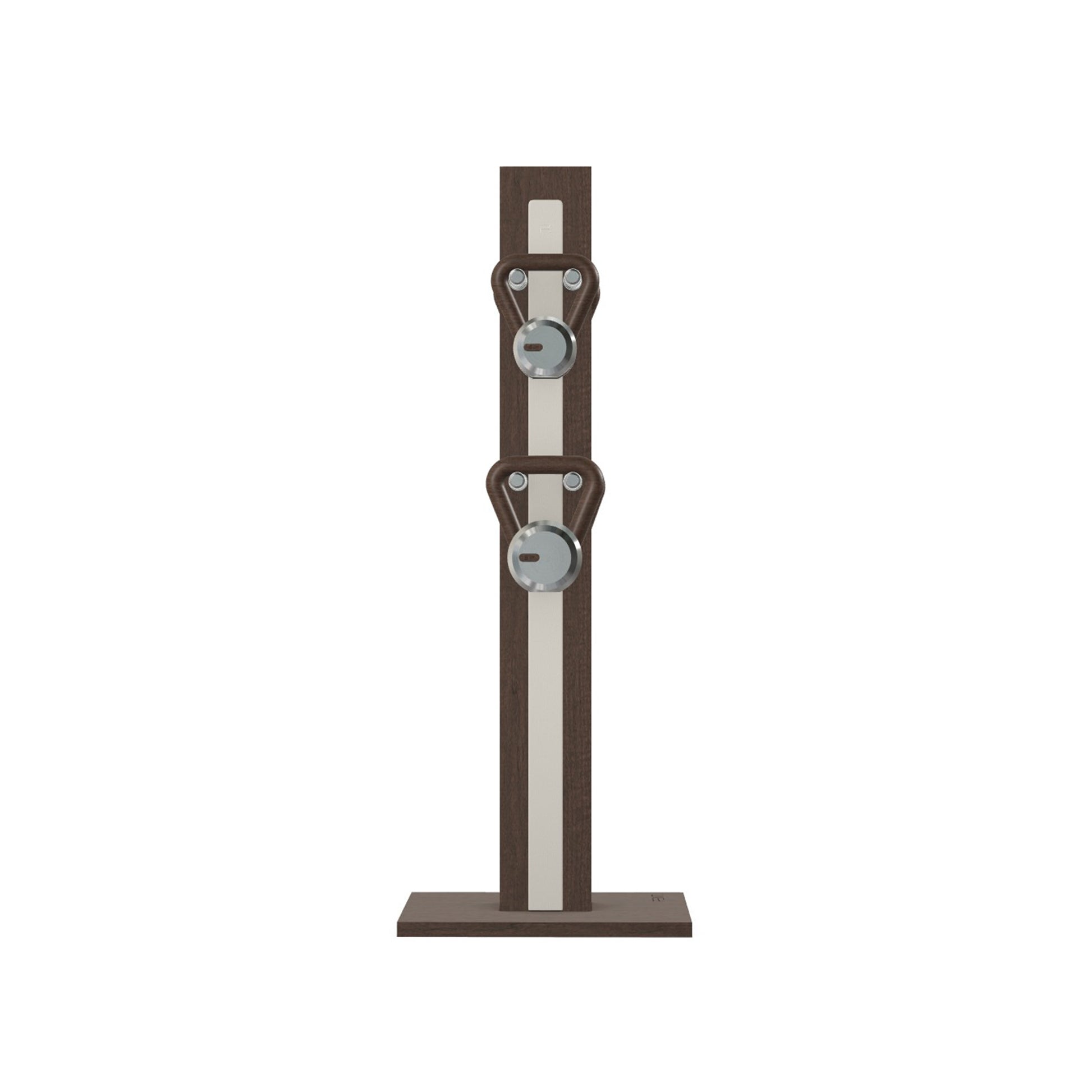 Luxury fitness equipment, 4 luxury kettlebells on vertical wooden stand, handcrafted with stainless steel, premium Italian white leather and dark walnut wood. PENT. LOVA Set