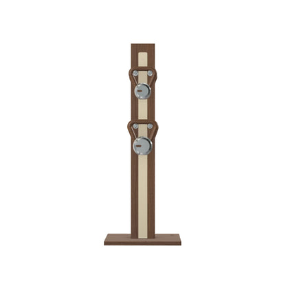 Luxury fitness equipment, 4 luxury kettlebells on vertical wooden stand, handcrafted with stainless steel, premium Italian beige leather and natural walnut wood. PENT. LOVA Set