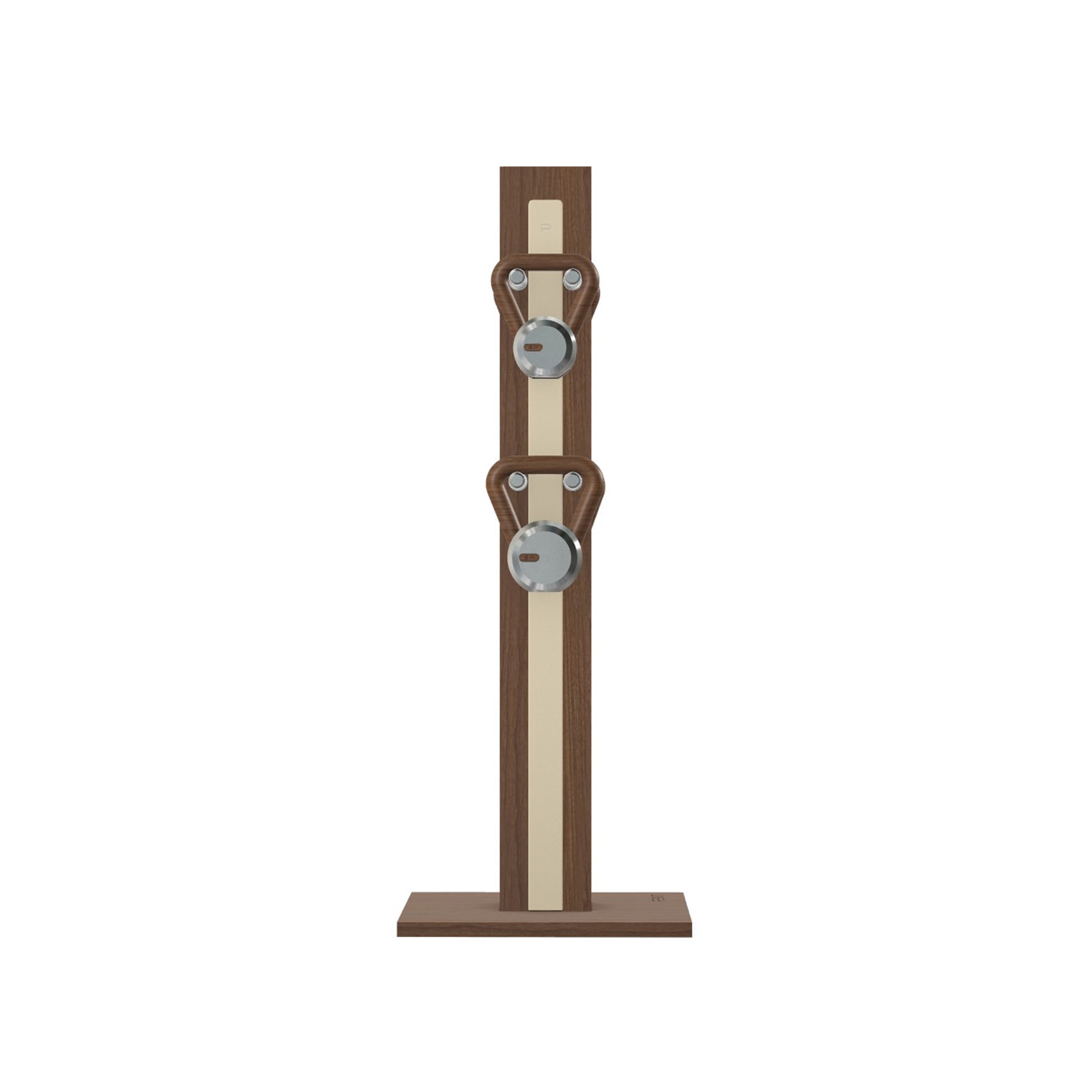 Luxury fitness equipment, 4 luxury kettlebells on vertical wooden stand, handcrafted with stainless steel, premium Italian beige leather and natural walnut wood. PENT. LOVA Set