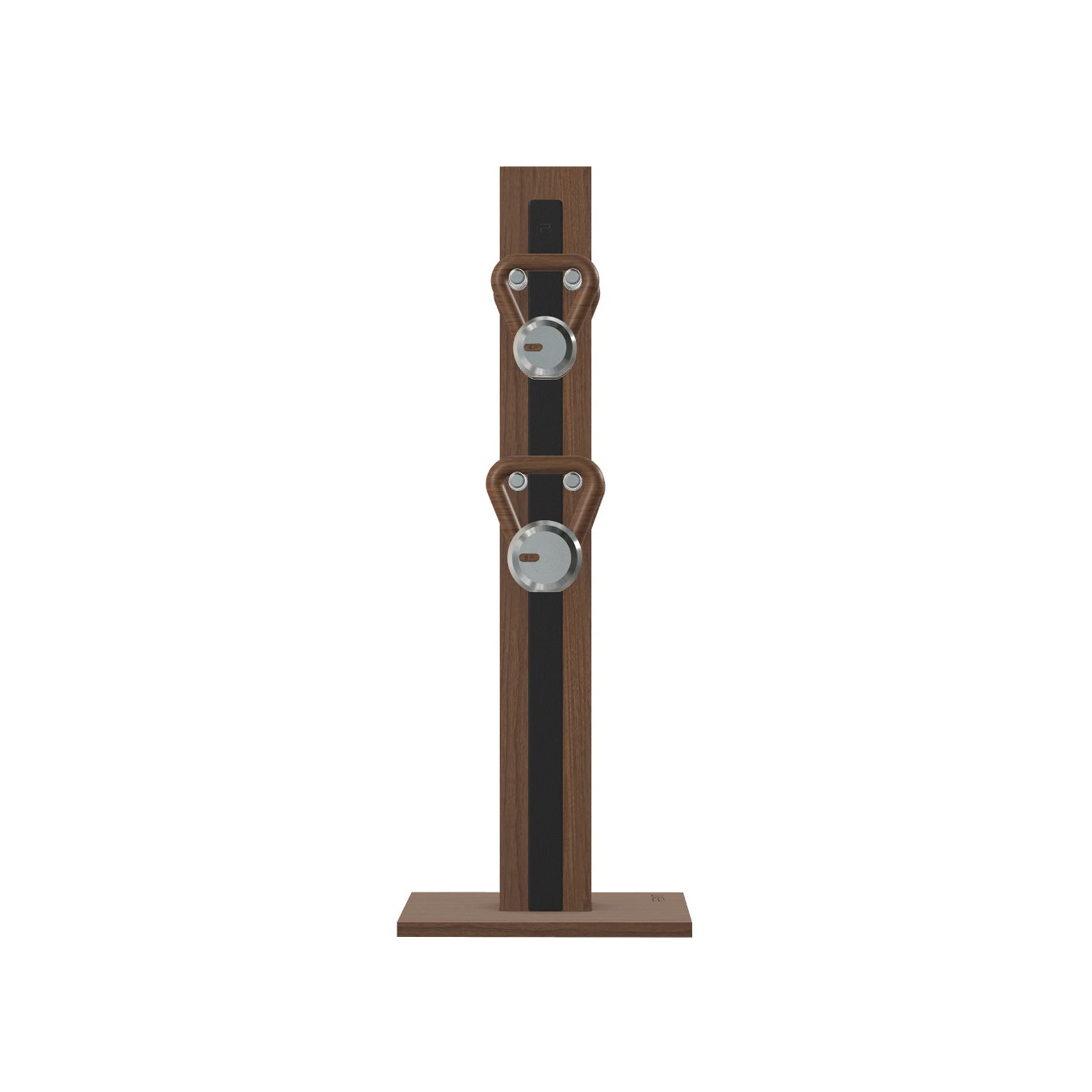 Luxury fitness equipment, 4 luxury kettlebells on vertical wooden stand, handcrafted with stainless steel, premium Italian black leather and natural walnut wood. PENT. LOVA Set