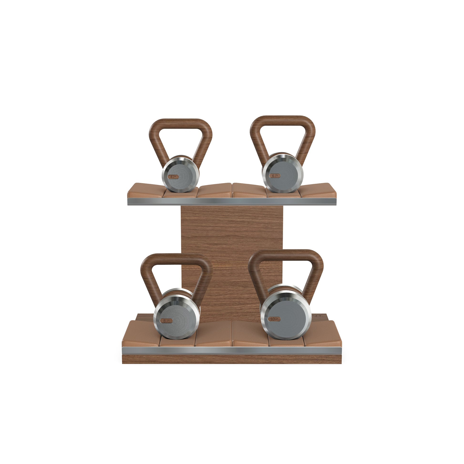 Luxury fitness equipment, 4 luxury kettlebells on horizontal wooden stand, handcrafted with stainless steel, premium Italian brown leather and natural walnut wood. PENT. LOVA Set - Kettlebells on a Horizontal Stand