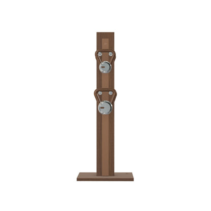 Luxury fitness equipment, 4 luxury kettlebells on vertical wooden stand, handcrafted with stainless steel, premium Italian brown leather and natural walnut wood. PENT. LOVA Set