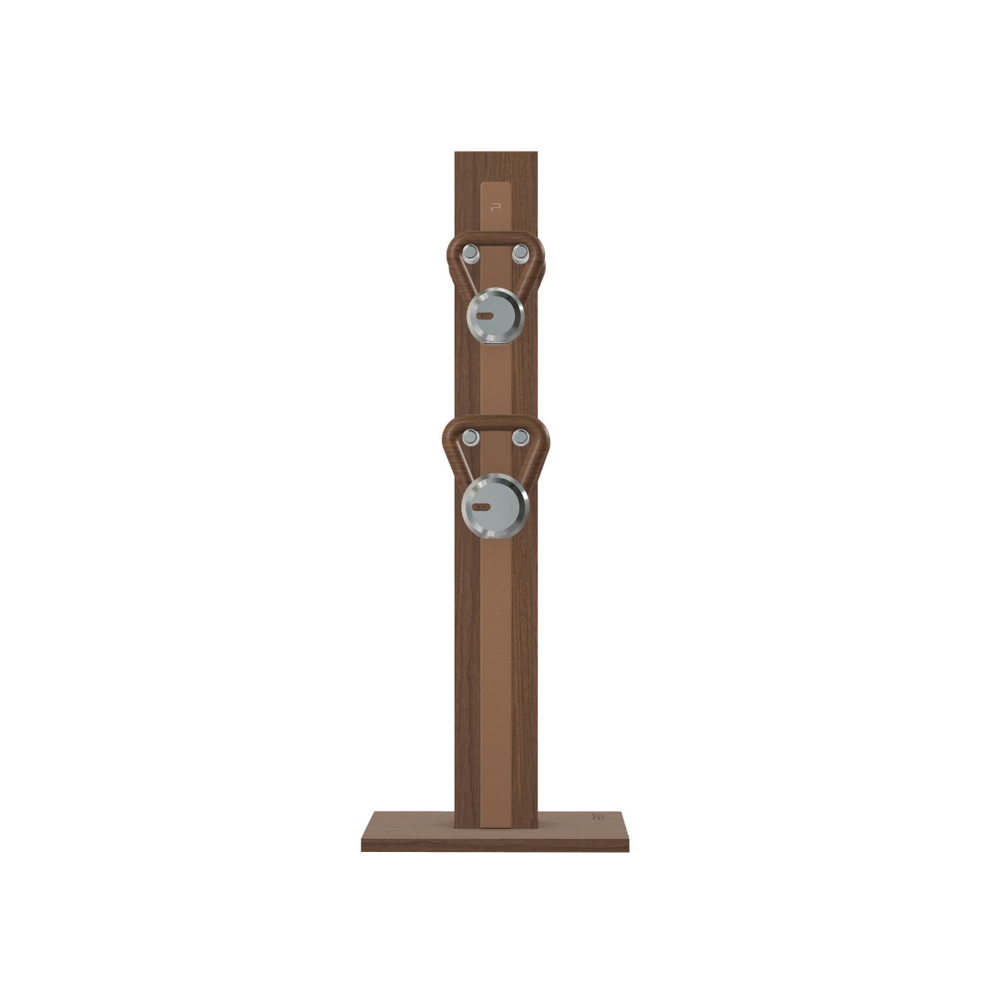 Luxury fitness equipment, 4 luxury kettlebells on vertical wooden stand, handcrafted with stainless steel, premium Italian brown leather and natural walnut wood. PENT. LOVA Set