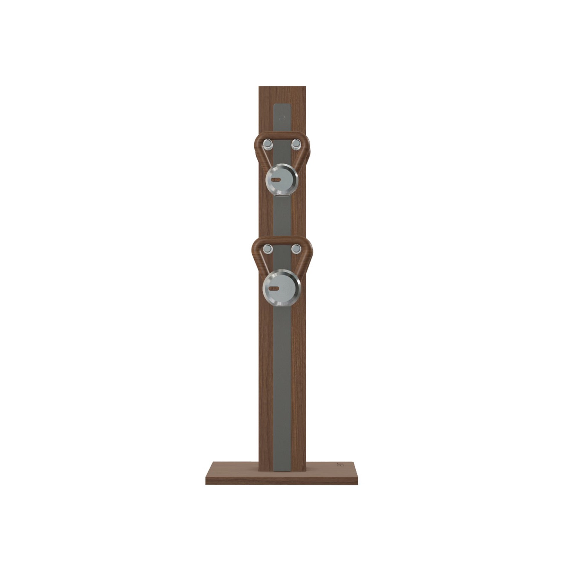 Luxury fitness equipment, 4 luxury kettlebells on vertical wooden stand, handcrafted with stainless steel, premium Italian grey leather and natural walnut wood. PENT. LOVA Set