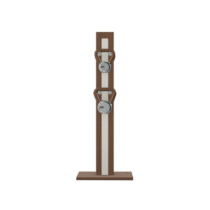 Luxury fitness equipment, 4 luxury kettlebells on vertical wooden stand, handcrafted with stainless steel, premium Italian white leather and natural walnut wood. PENT. LOVA Set