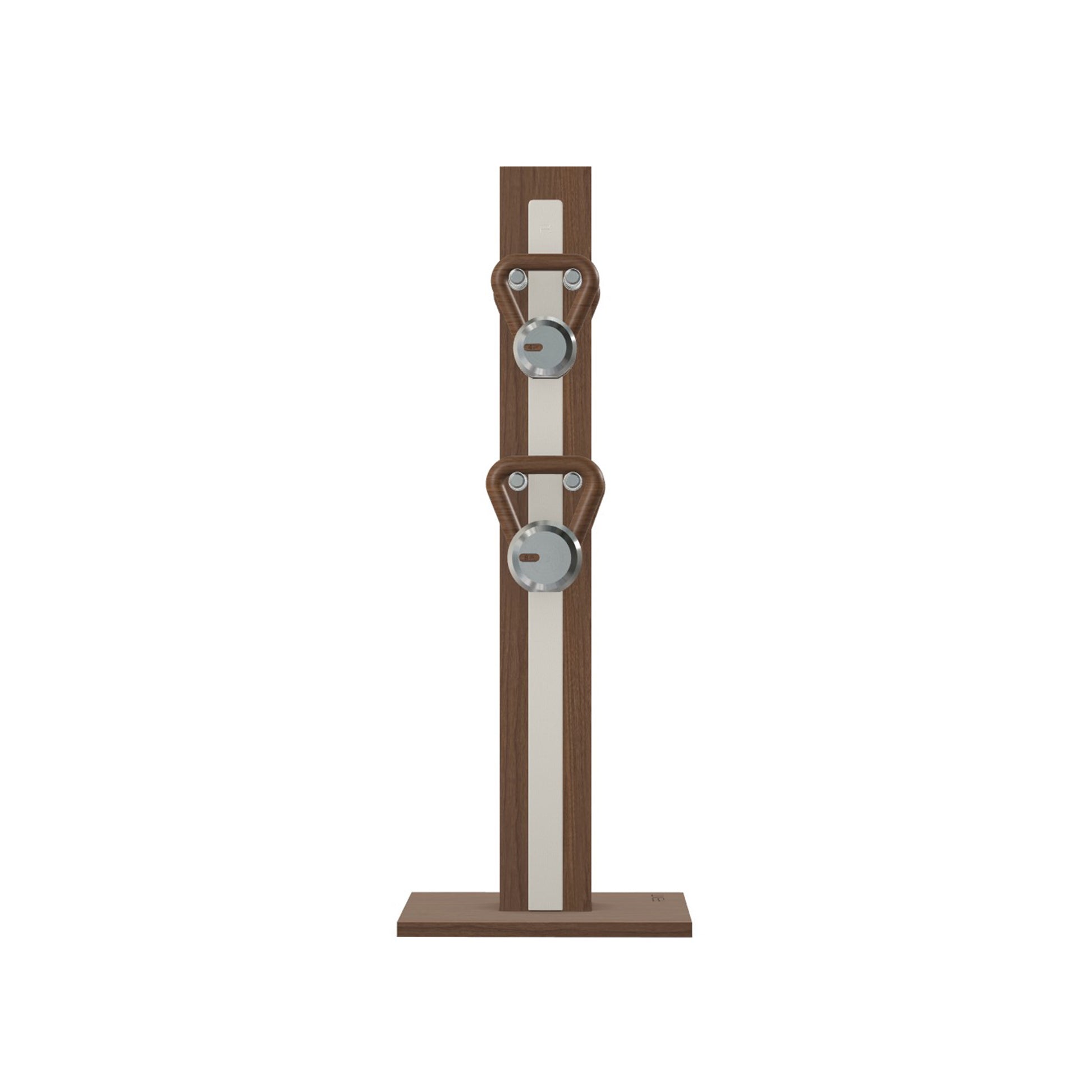 Luxury fitness equipment, 4 luxury kettlebells on vertical wooden stand, handcrafted with stainless steel, premium Italian white leather and natural walnut wood. PENT. LOVA Set
