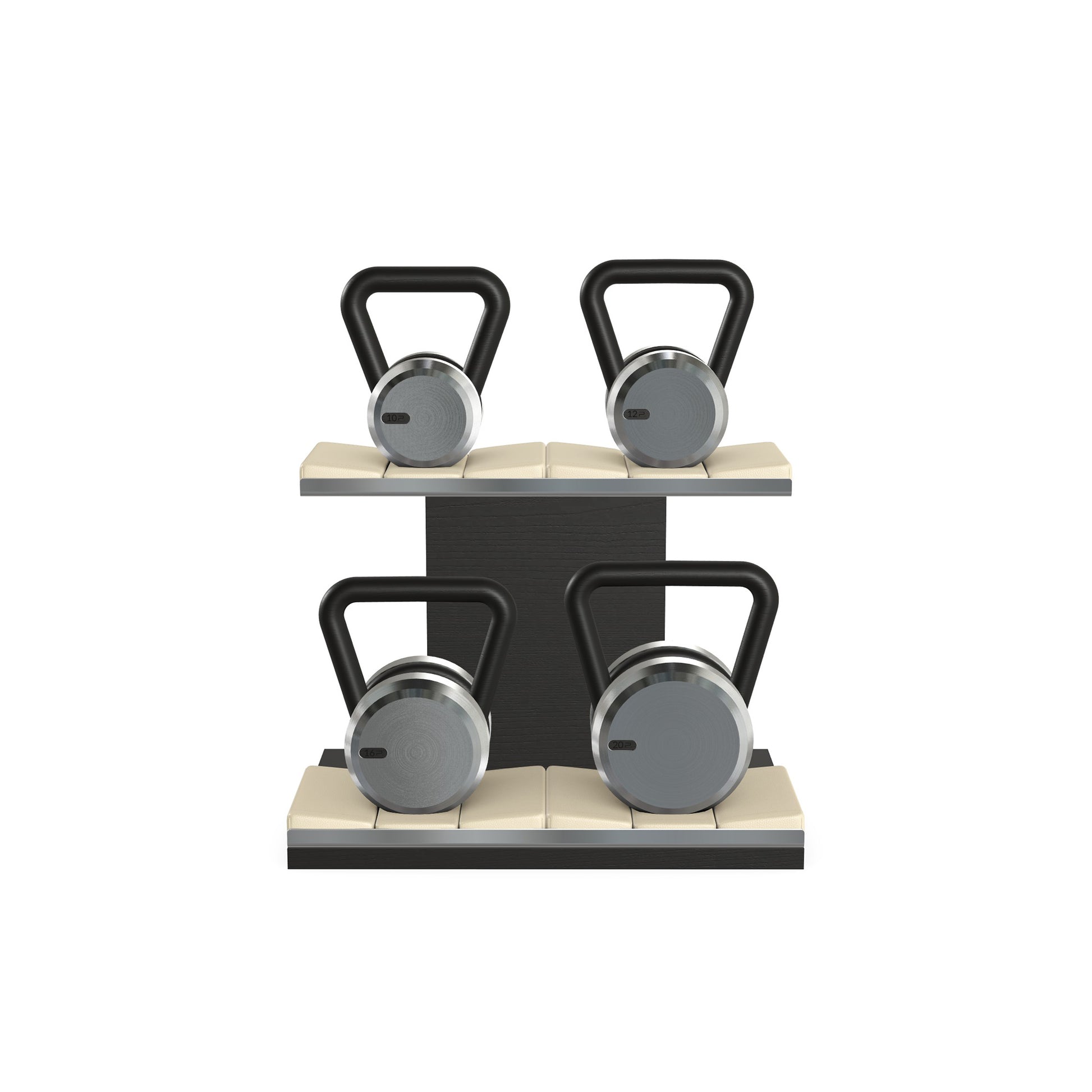 Luxury fitness equipment, luxury kettlebells with 10, 12, 16 and 20 KG, on horizontal wooden stand, handcrafted with stainless steel, premium Italian beige leather and black ash wood. 