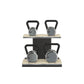 Luxury fitness equipment, luxury kettlebells with 10, 12, 16 and 20 KG, on horizontal wooden stand, handcrafted with stainless steel, premium Italian beige leather and black ash wood. 