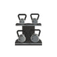 Luxury fitness equipment, luxury kettlebells with 10, 12, 16 and 20 KG, on horizontal wooden stand, handcrafted with stainless steel, premium Italian black leather and black ash wood. 
