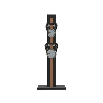 Luxury fitness equipment, 4 luxury kettlebells on vertical wooden stand, handcrafted with stainless steel, premium Italian brown leather and black ash wood. PENT. LOVA Set (2)