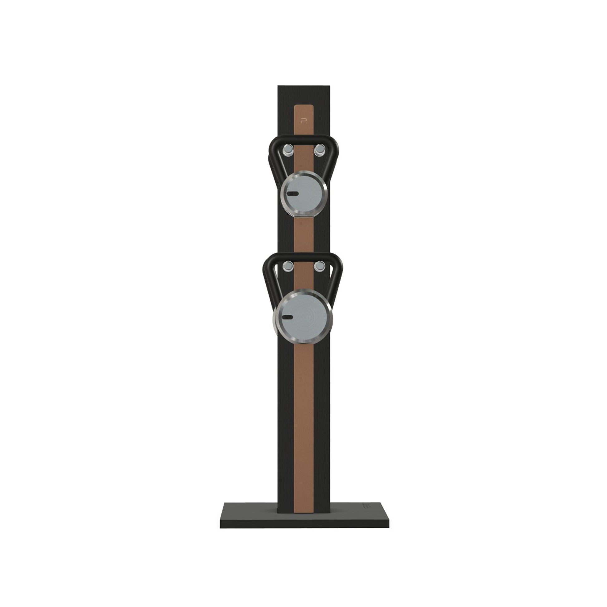 Luxury fitness equipment, 4 luxury kettlebells on vertical wooden stand, handcrafted with stainless steel, premium Italian brown leather and black ash wood. PENT. LOVA Set (2)