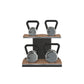 Luxury fitness equipment, luxury kettlebells with 10, 12, 16 and 20 KG, on horizontal wooden stand, handcrafted with stainless steel, premium Italian brown leather and black ash wood. 