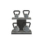 Luxury fitness equipment, luxury kettlebells with 10, 12, 16 and 20 KG, on horizontal wooden stand, handcrafted with stainless steel, premium Italian grey leather and black ash wood. 