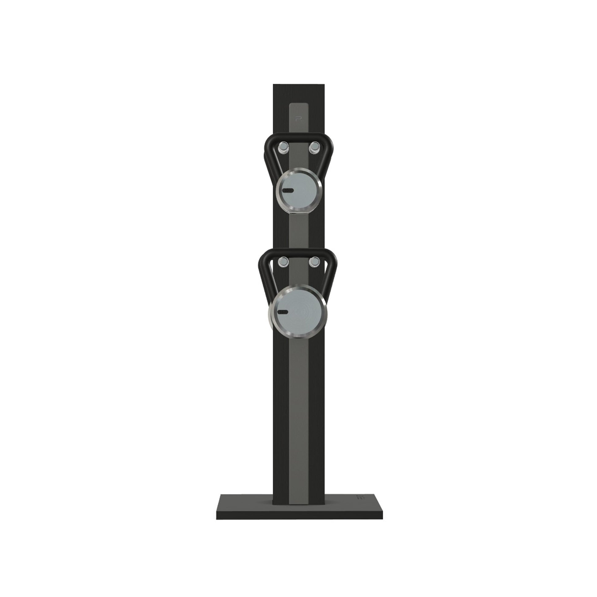 Luxury fitness equipment, 4 luxury kettlebells on vertical wooden stand, handcrafted with stainless steel, premium Italian grey leather and black ash wood. PENT. LOVA Set (2)
