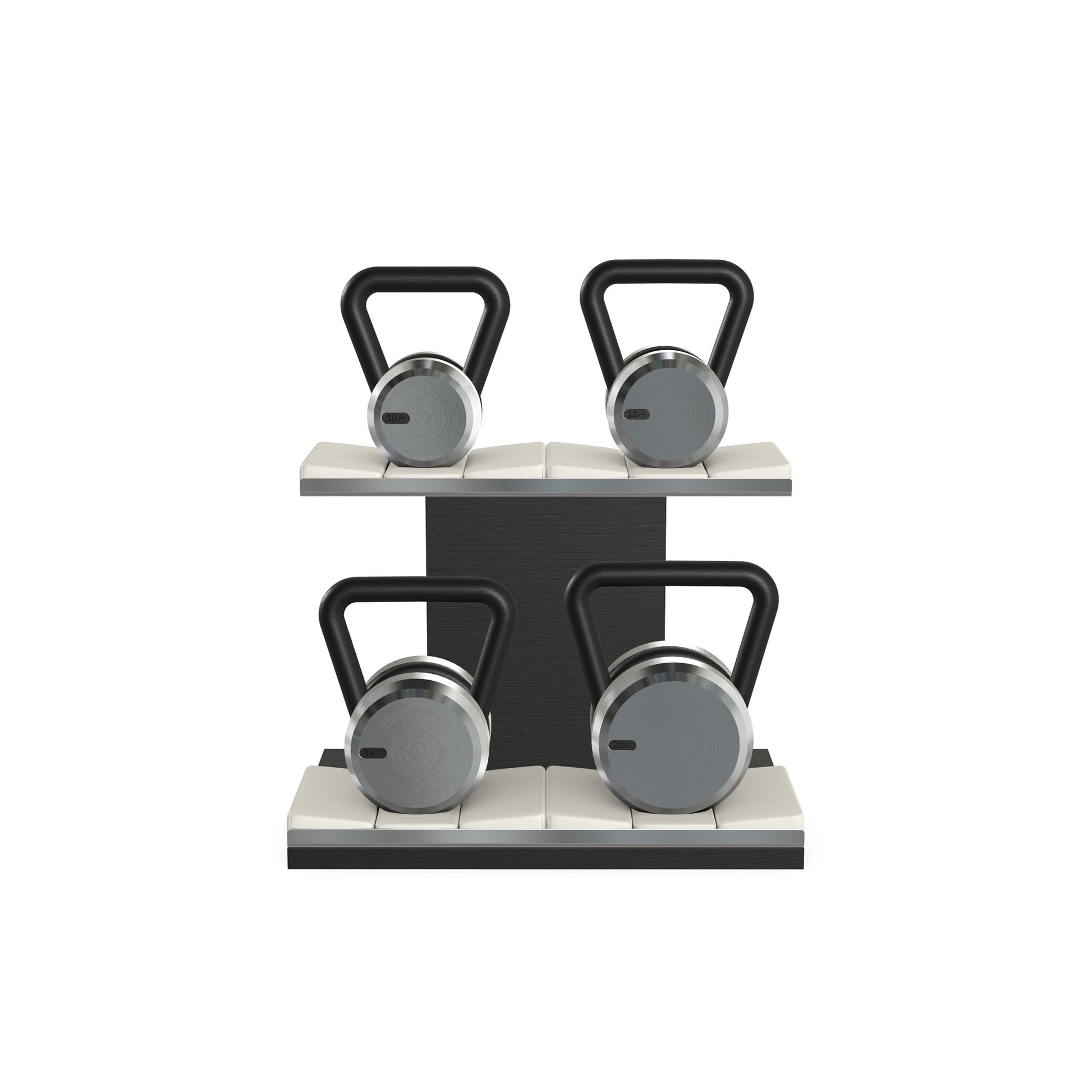 Luxury fitness equipment, luxury kettlebells with 10, 12, 16 and 20 KG, on horizontal wooden stand, handcrafted with stainless steel, premium Italian white leather and black ash wood. 