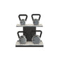 Luxury fitness equipment, luxury kettlebells with 10, 12, 16 and 20 KG, on horizontal wooden stand, handcrafted with stainless steel, premium Italian white leather and black ash wood. 