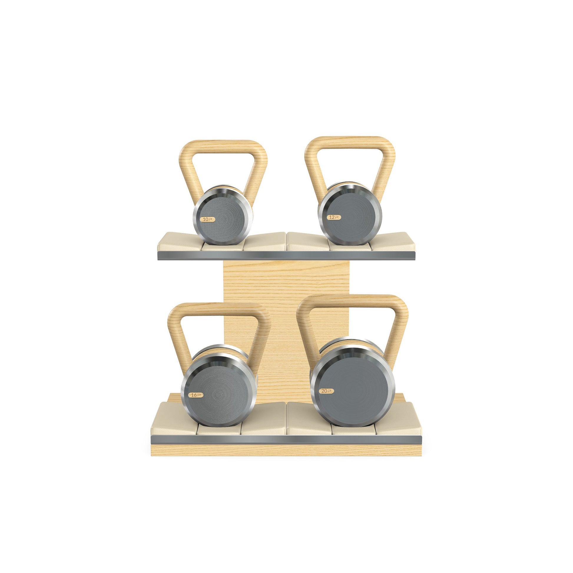 Luxury fitness equipment, luxury kettlebells with 10, 12, 16 and 20 KG, on horizontal wooden stand, handcrafted with stainless steel, premium Italian beige leather and natural ash wood. 