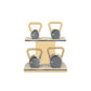 Luxury fitness equipment, luxury kettlebells with 10, 12, 16 and 20 KG, on horizontal wooden stand, handcrafted with stainless steel, premium Italian beige leather and natural ash wood. 