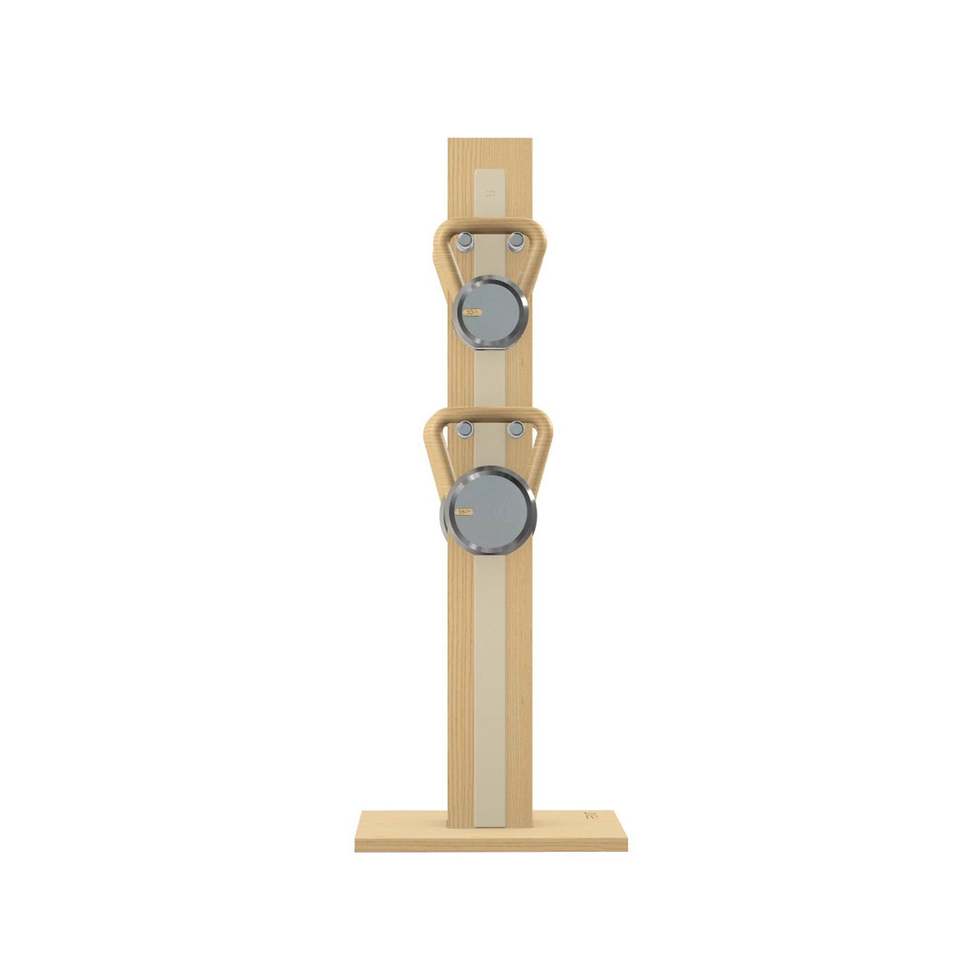 Luxury fitness equipment, 4 luxury kettlebells on vertical wooden stand, handcrafted with stainless steel, premium Italian beige leather and natural ash wood. PENT. LOVA Set (2)
