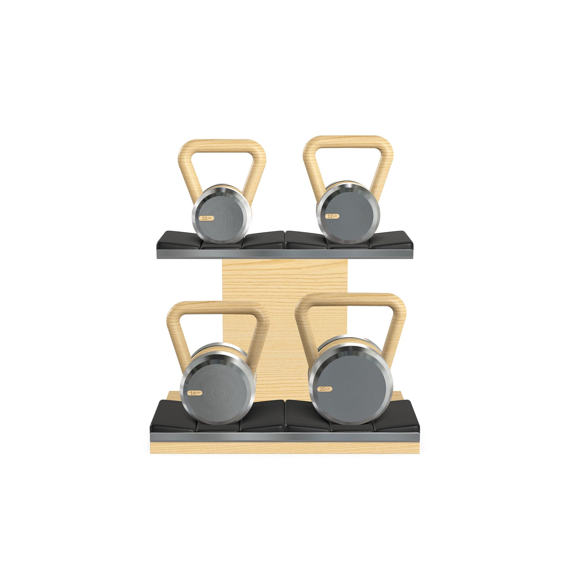 Luxury fitness equipment, luxury kettlebells with 10, 12, 16 and 20 KG, on horizontal wooden stand, handcrafted with stainless steel, premium Italian black leather and natural ash wood. 