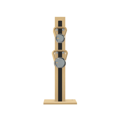 Luxury fitness equipment, 4 luxury kettlebells on vertical wooden stand, handcrafted with stainless steel, premium Italian black leather and natural ash wood. PENT. LOVA Set (2)