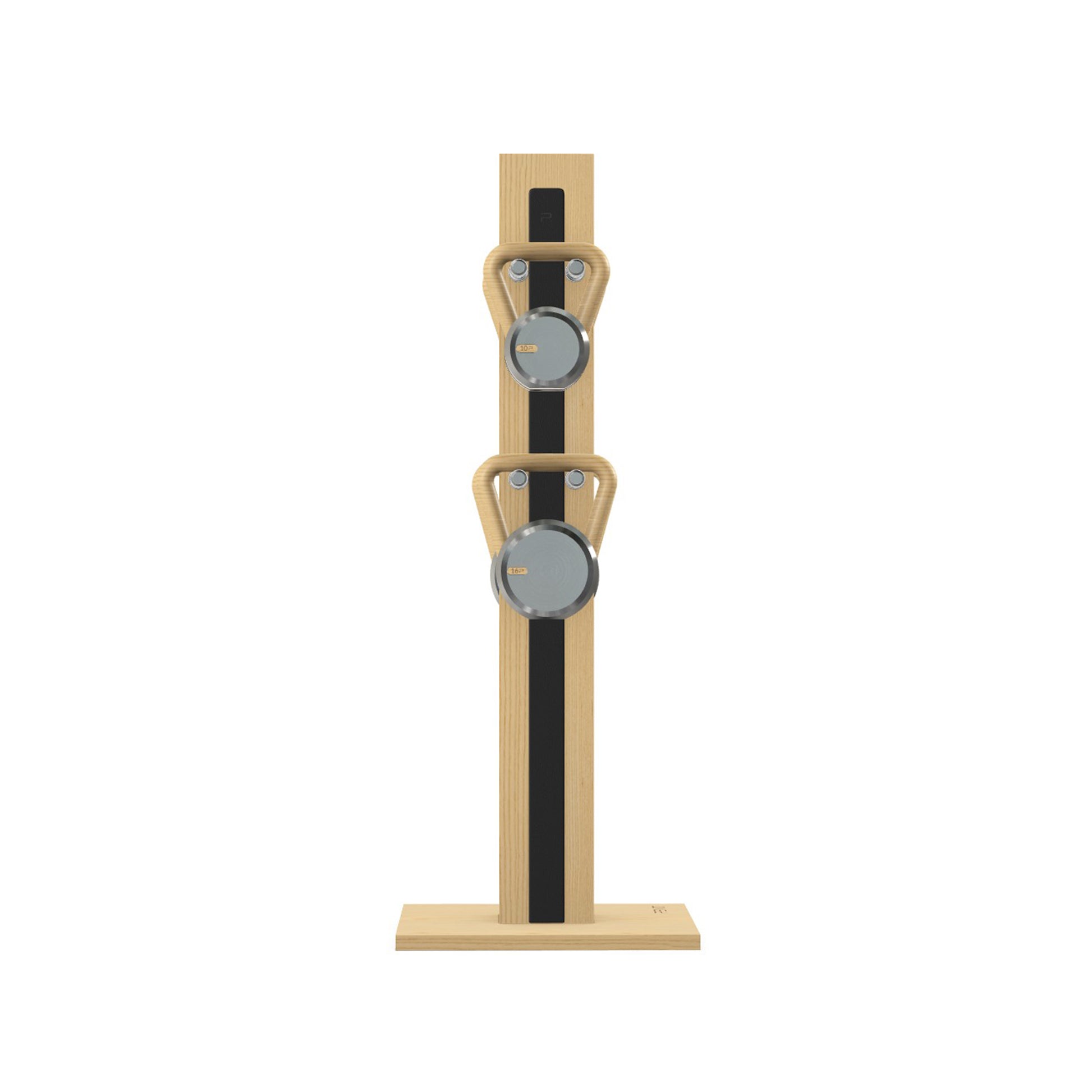Luxury fitness equipment, 4 luxury kettlebells on vertical wooden stand, handcrafted with stainless steel, premium Italian black leather and natural ash wood. PENT. LOVA Set (2)