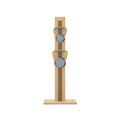 Luxury fitness equipment, 4 luxury kettlebells on vertical wooden stand, handcrafted with stainless steel, premium Italian brown leather and natural ash wood. PENT. LOVA Set (2)