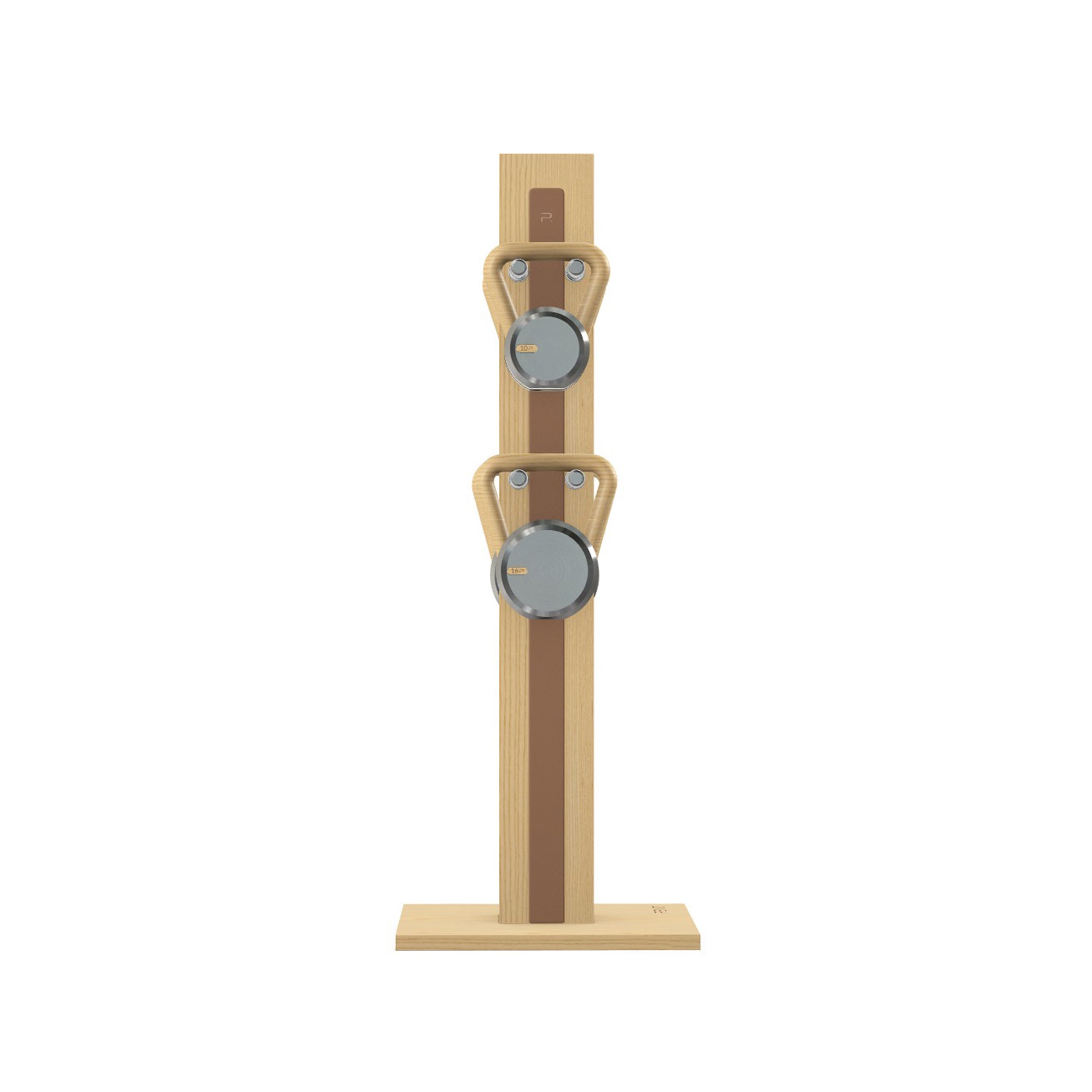 Luxury fitness equipment, 4 luxury kettlebells on vertical wooden stand, handcrafted with stainless steel, premium Italian brown leather and natural ash wood. PENT. LOVA Set (2)