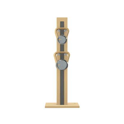 Luxury fitness equipment, 4 luxury kettlebells on vertical wooden stand, handcrafted with stainless steel, premium Italian grey leather and natural ash wood. PENT. LOVA Set (2)