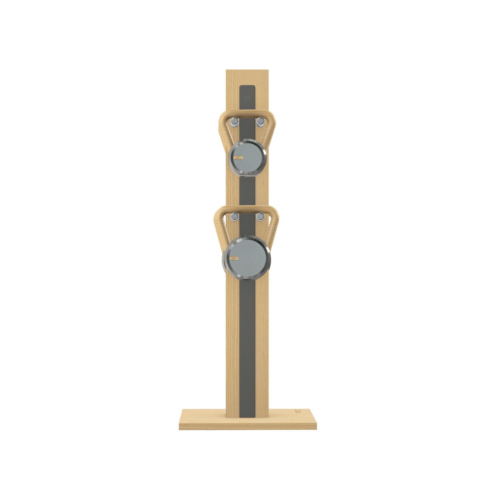 Luxury fitness equipment, 4 luxury kettlebells on vertical wooden stand, handcrafted with stainless steel, premium Italian grey leather and natural ash wood. PENT. LOVA Set (2)