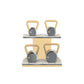 Luxury fitness equipment, luxury kettlebells with 10, 12, 16 and 20 KG, on horizontal wooden stand, handcrafted with stainless steel, premium Italian white leather and natural ash wood. 