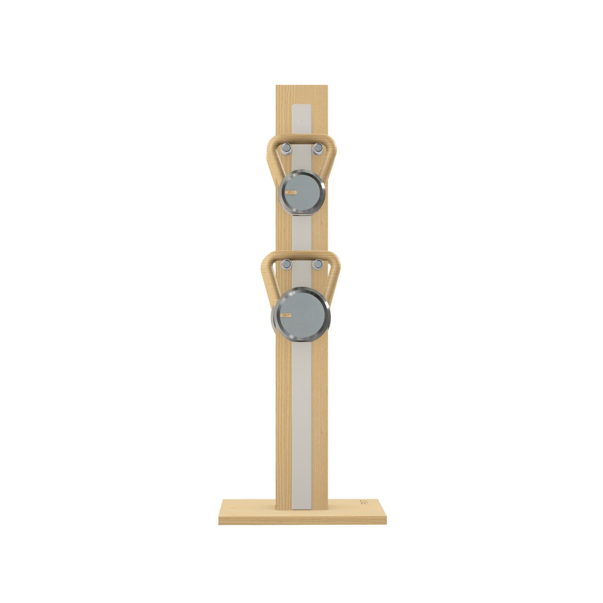 Luxury fitness equipment, 4 luxury kettlebells on vertical wooden stand, handcrafted with stainless steel, premium Italian white leather and natural ash wood. PENT. LOVA Set (2)