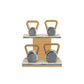 Luxury fitness equipment, luxury kettlebells with 10, 12, 16 and 20 KG, on horizontal wooden stand, handcrafted with stainless steel, premium Italian beige leather and oak wood. 