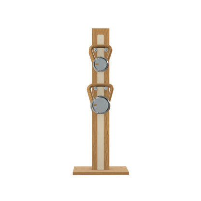 Luxury fitness equipment, 4 luxury kettlebells on vertical wooden stand, handcrafted with stainless steel, premium Italian beige leather and oak wood. PENT. LOVA Set (2)