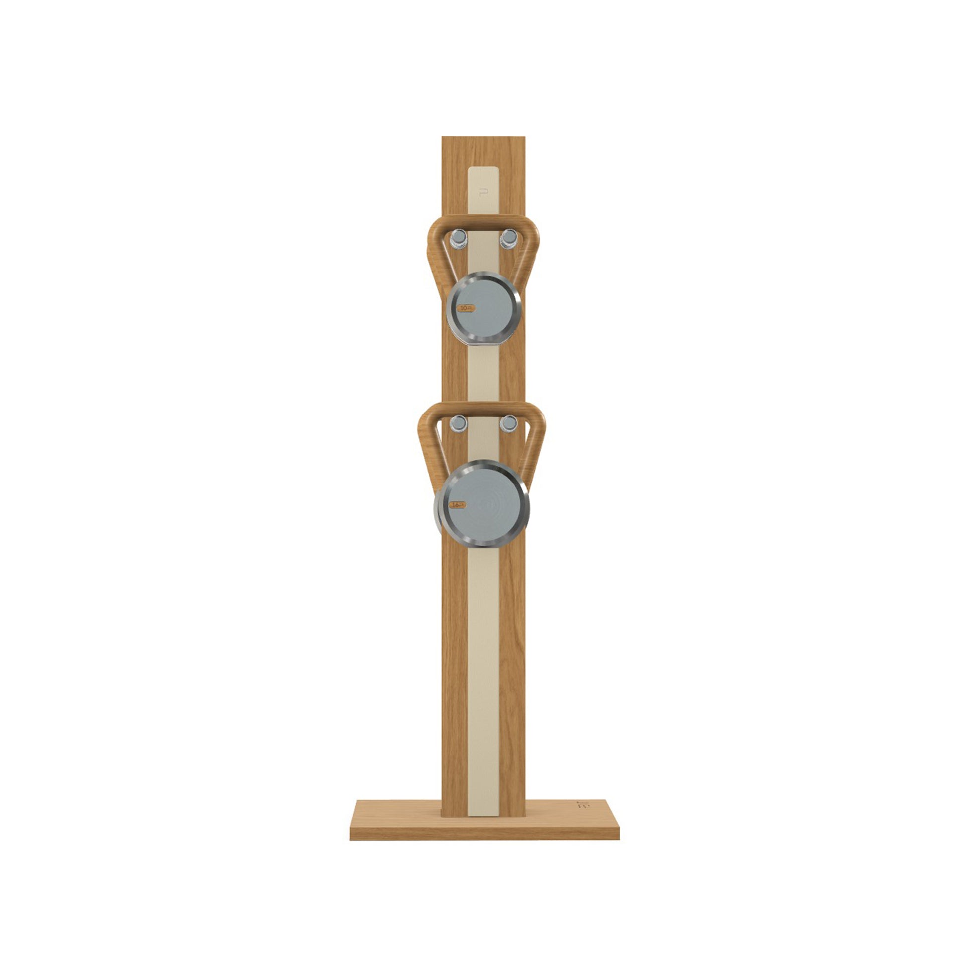 Luxury fitness equipment, 4 luxury kettlebells on vertical wooden stand, handcrafted with stainless steel, premium Italian beige leather and oak wood. PENT. LOVA Set (2)