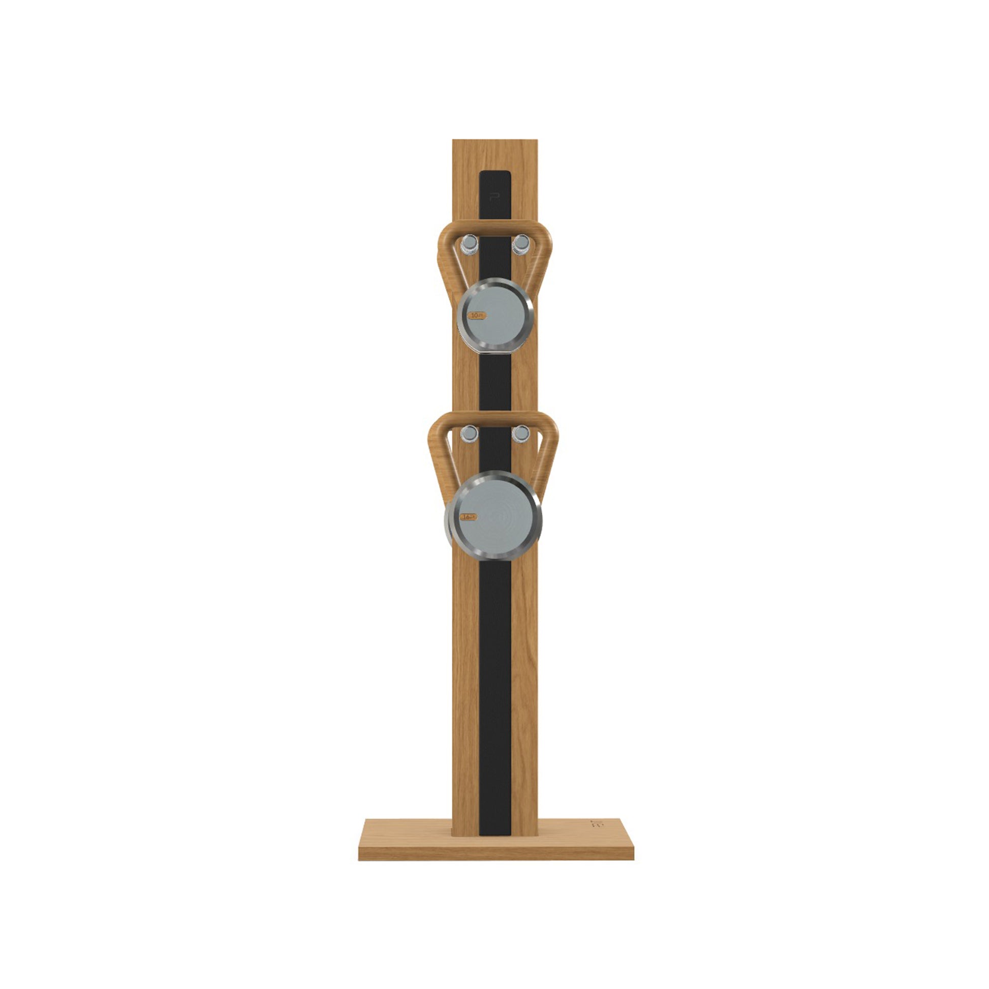 Luxury fitness equipment, 4 luxury kettlebells on vertical wooden stand, handcrafted with stainless steel, premium Italian black leather and oak wood. PENT. LOVA Set (2)