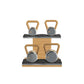 Luxury fitness equipment, luxury kettlebells with 10, 12, 16 and 20 KG, on horizontal wooden stand, handcrafted with stainless steel, premium Italian black leather and oak wood. 