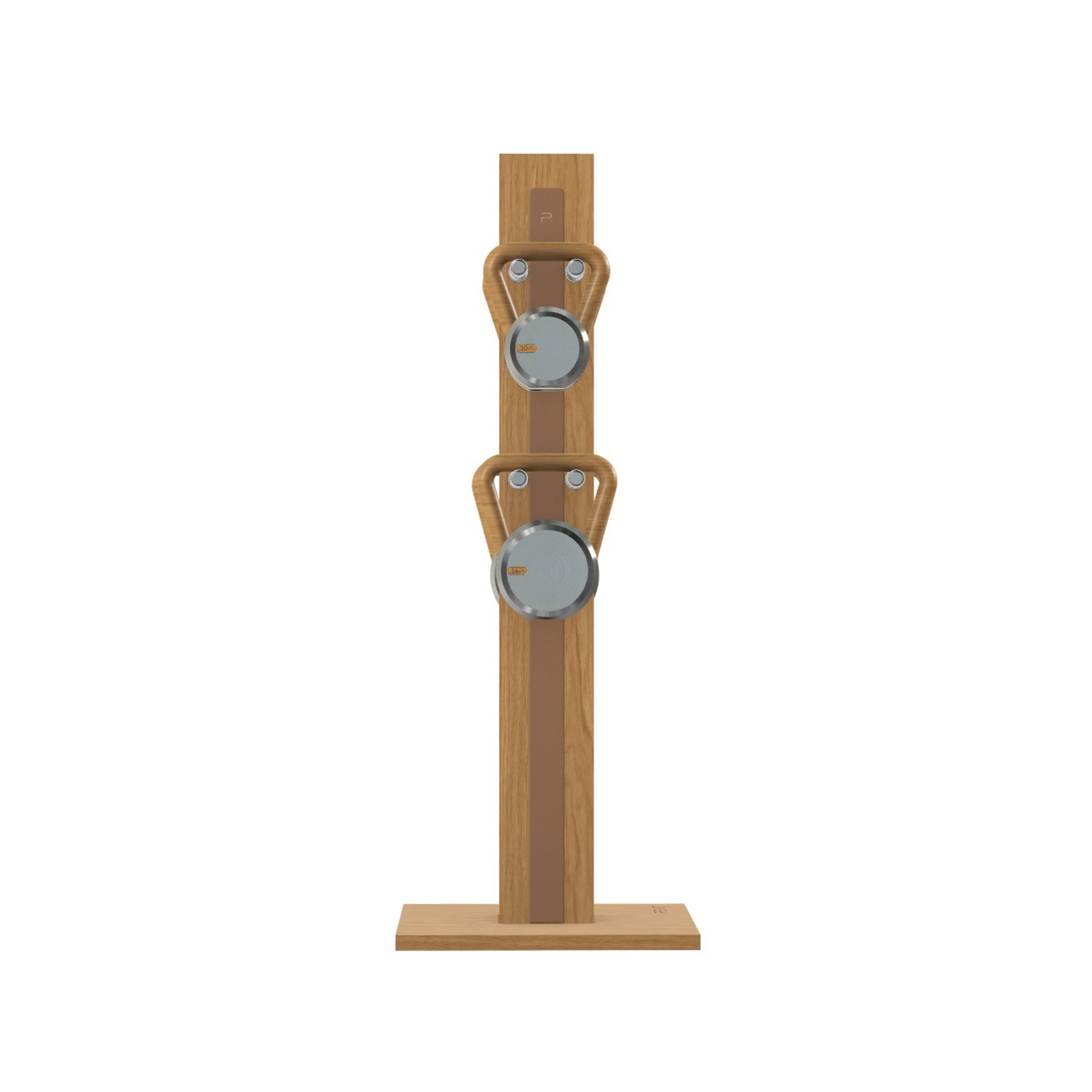 Luxury fitness equipment, 4 luxury kettlebells on vertical wooden stand, handcrafted with stainless steel, premium Italian brown leather and oak wood. PENT. LOVA Set (2)