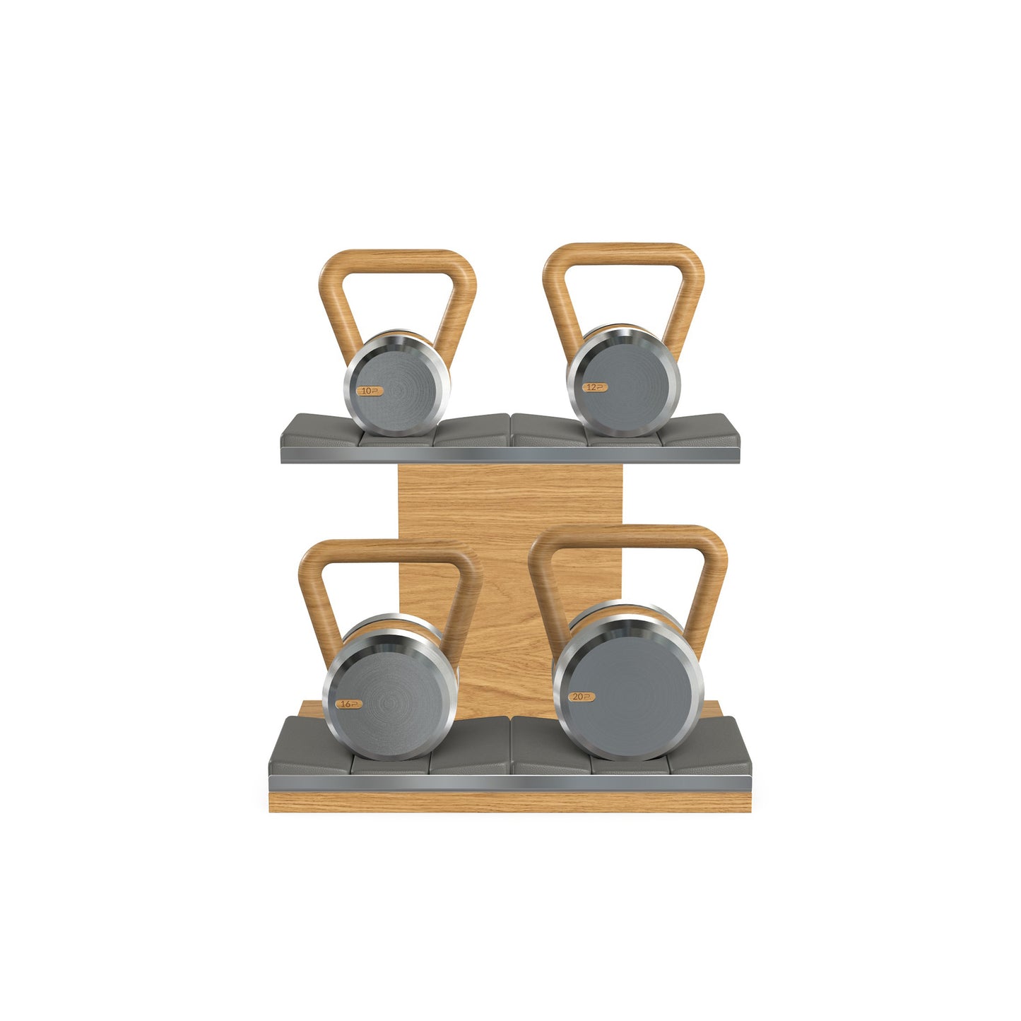 Luxury fitness equipment, luxury kettlebells with 10, 12, 16 and 20 KG, on horizontal wooden stand, handcrafted with stainless steel, premium Italian grey leather and oak wood. 