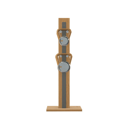 Luxury fitness equipment, 4 luxury kettlebells on vertical wooden stand, handcrafted with stainless steel, premium Italian grey leather and oak wood. PENT. LOVA Set (2)