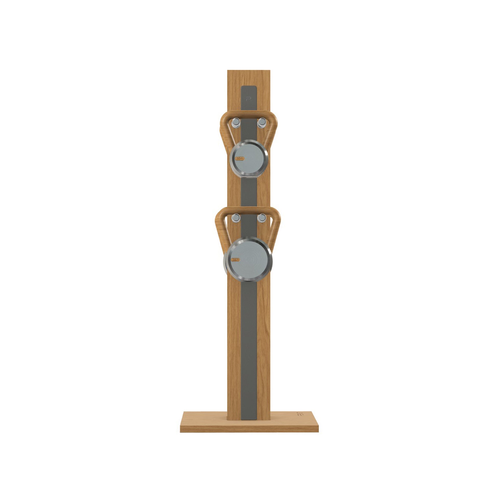 Luxury fitness equipment, 4 luxury kettlebells on vertical wooden stand, handcrafted with stainless steel, premium Italian grey leather and oak wood. PENT. LOVA Set (2)