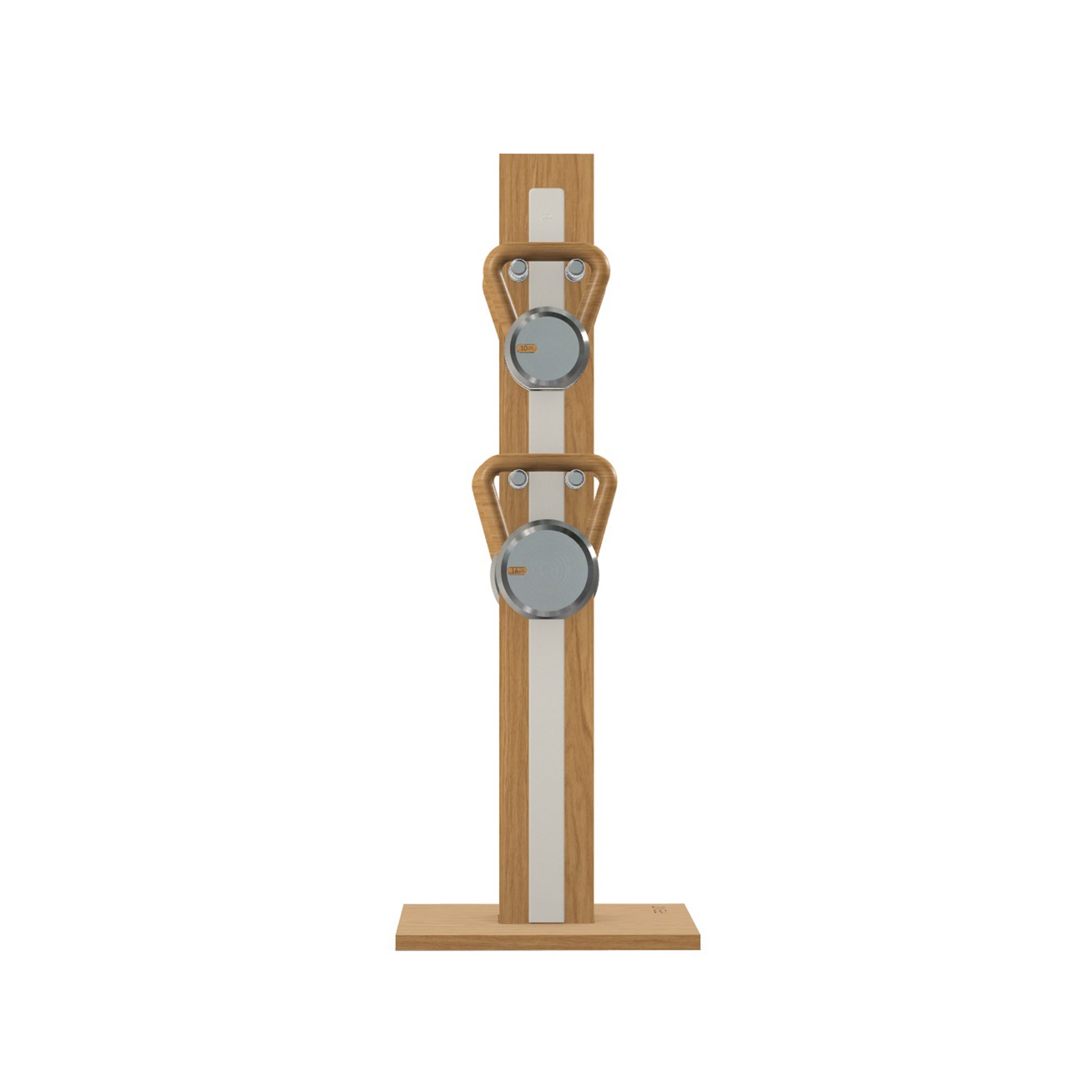 Luxury fitness equipment, 4 luxury kettlebells on vertical wooden stand, handcrafted with stainless steel, premium Italian white leather and oak wood. PENT. LOVA Set (2)